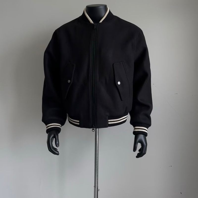 ​​Men's Stylish Heavyweight Wool-Blend Baseball Jacket - Slim Fit Cropped Bomber Coat With Casual Streetwear Vibe​_voghion.com