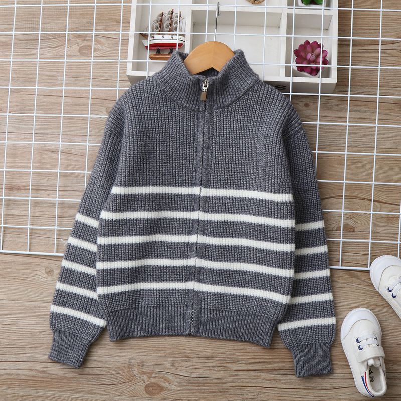 Mother & Kids Boys' Striped Lambswool Cardigan Sweater - Soft & Warm Knit Pullover For Big Kids (8+ Years), Long Sleeve, Stand Collar, Winter_voghion.com