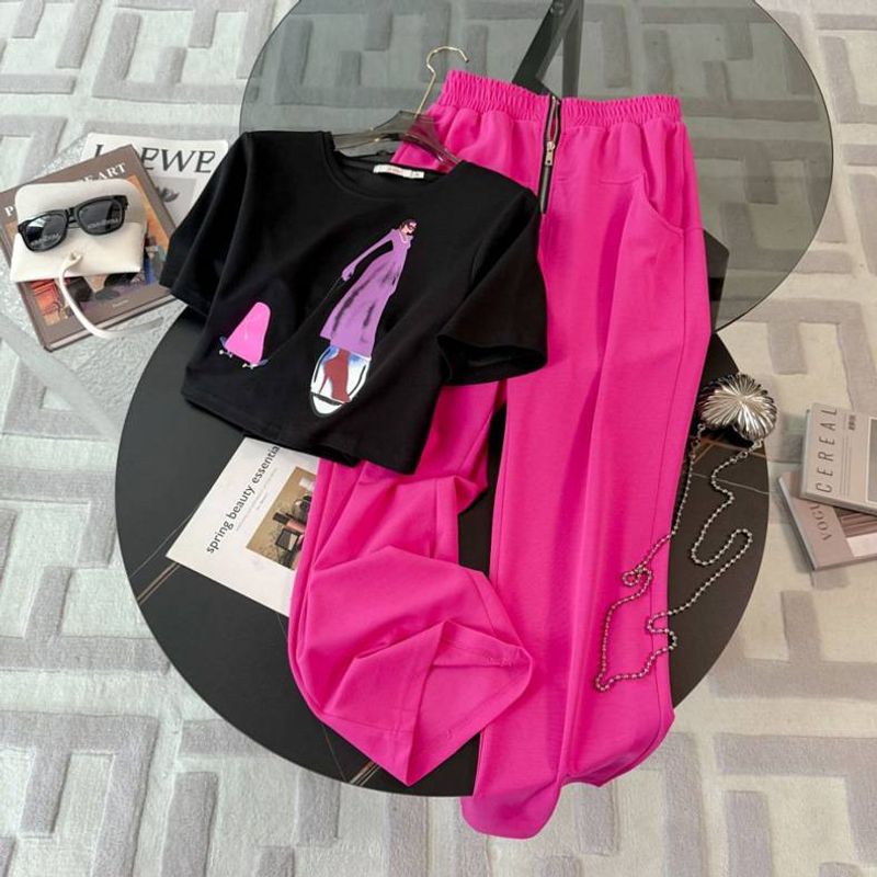Women's Summer Two-Piece Set - Black Short Sleeve T-Shirt & Pink Wide Leg Pants, Casual Sporty Outfit​​_voghion.com