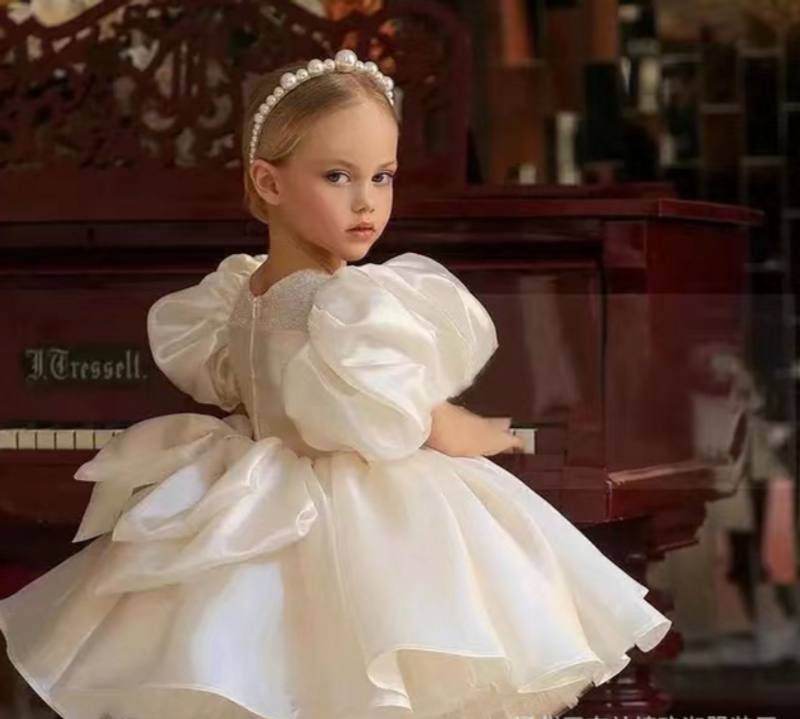 Sequined White Princess Dress For Small And Medium Sized Children High End Bow Tutu Skirt Children's Birthday Party Evening Dress_voghion.com