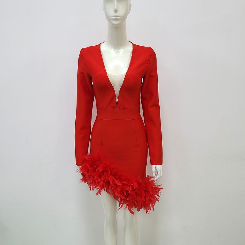 Damenbekleidung Feder Minirock Abendkleid Bandage Kleid Französisch Deep V Splicing Diamond Langarm Minirock_voghion.com