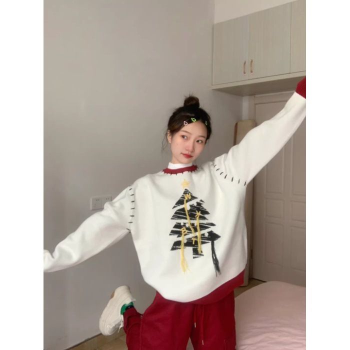 Mädchen-Sonderangebot: Schafwolle # Design Sense Niche Color-Block Quasten-Weihnachtspullover für Damen, Herbst/Winter, lässiger Stil_voghion.com