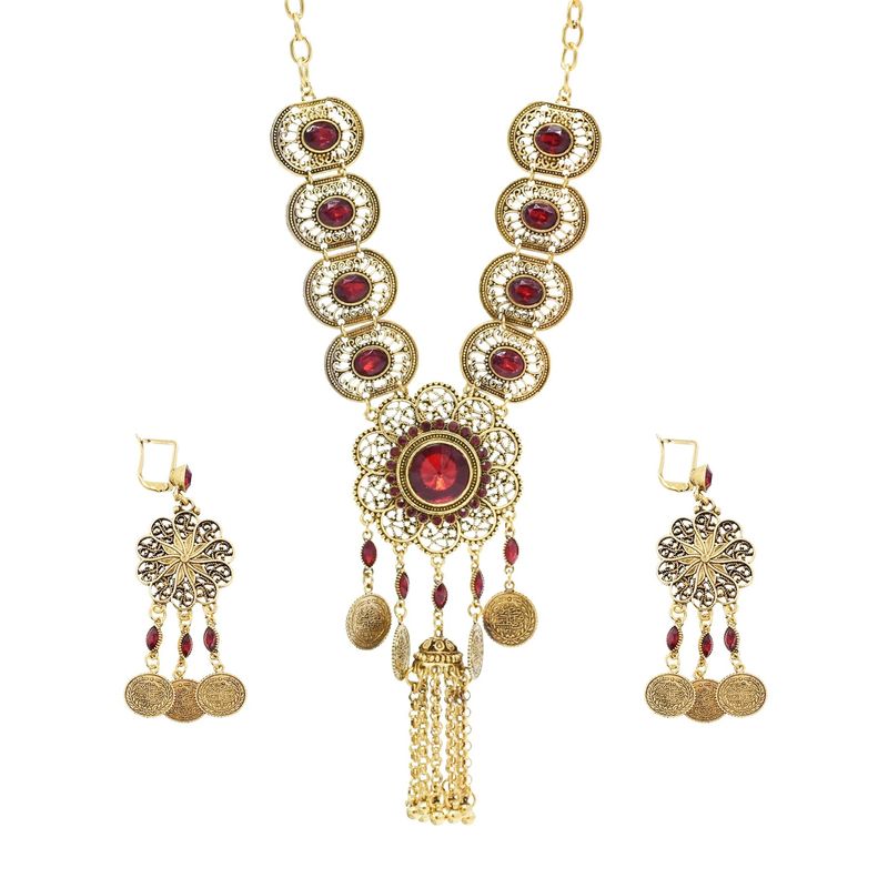 Collier en alliage incrusté pour femme, ensemble de bijoux deux pièces avec boucles d'oreilles ras du cou et pompon en forme de pièce de monnaie creuse_voghion.com