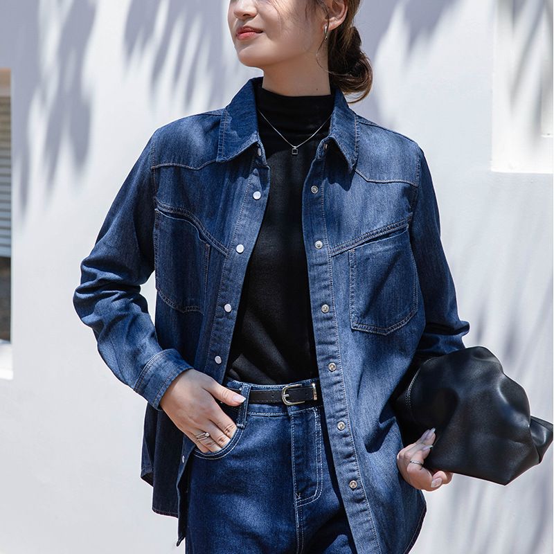 New Hong Kong Style Casual Denim Shirt Jacket Women's Long Sleeve Loose Versatile Fashionable Layered Shirt Trend_voghion.com