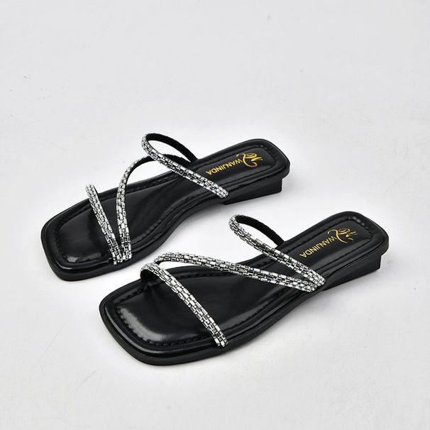 Žemo kulno prancūziškos moteriškos basutės su cirkoniais - elegantiškos sidabrinės vasarinės šlepetės, kurias galima avėti prie suknelių_voghion.com