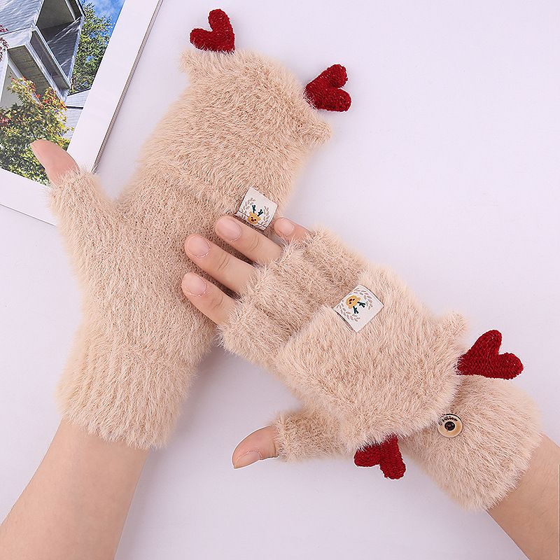 Jacquard Knitted Half Finger Flip Gloves For Women's Winter Warm Plush Student Writing Gloves_voghion.com