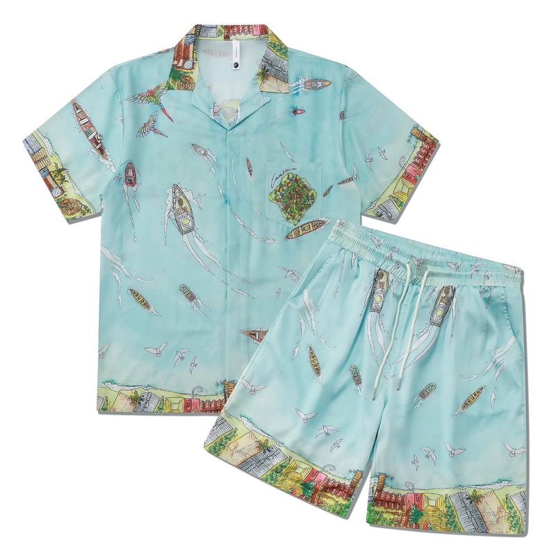 Men's Clothing Shirt Suit Trend Vintage Shirt Short Sleeved Shorts Double Layer Two Piece Suit For Men_voghion.com