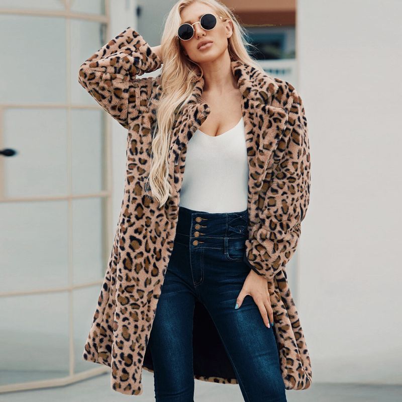 Abbigliamento donna F0208 lungo colletto con stampa leopardata imitazione pelliccia cappotto cappotto casual da donna autunno e inverno nuova moda_voghion.com