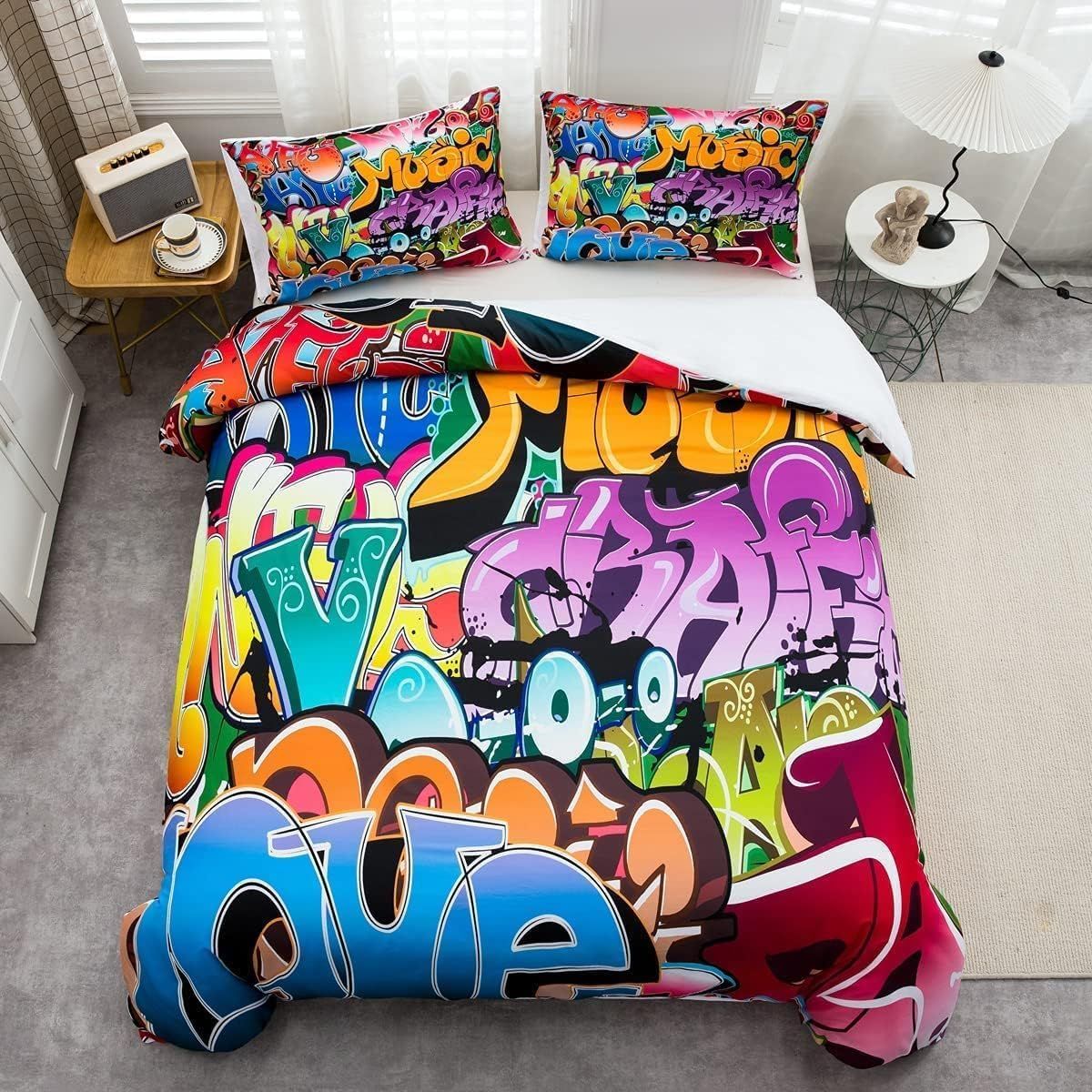 Graffiti Style Bedding Set Kids Hip Hop Theme Comforter Cover For Boys Teens Youth Illustration, Decorative Young Man Duvet Cover Street Culture_voghion.com