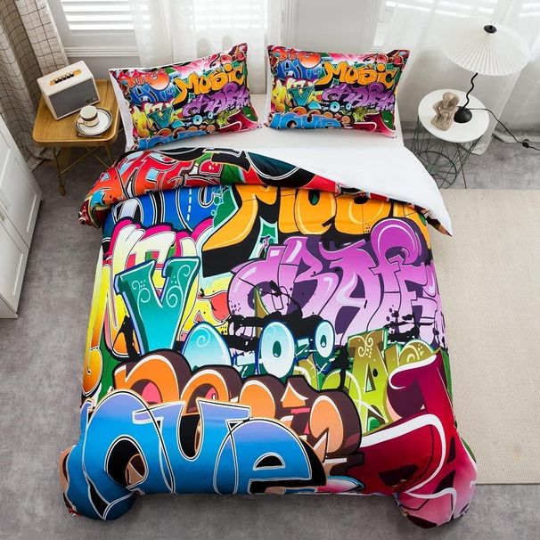 Graffiti Style Bedding Set Kids Hip Hop Theme Comforter Cover For Boys Teens Youth Illustration, Decorative Young Man Duvet Cover Street Culture_voghion.com