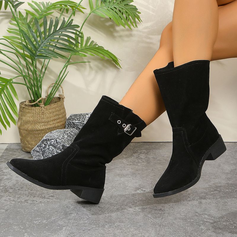 Large suede British style mid length for autumn, new women's thick heel round toe oversized sleeve fashion boots trend_voghion.com