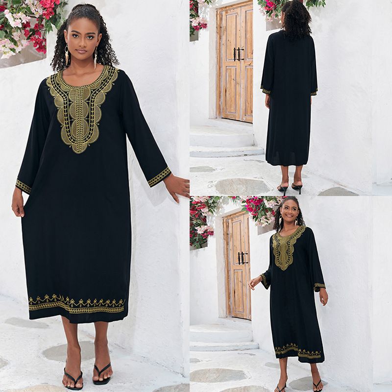 Odzież damska Bawełniana haftowana, luźna, damska, haftowana w kwiaty, sukienka maxi, narzutka na plażę, kimono z wiązaniem do bikini – czarno-złota_voghion.com