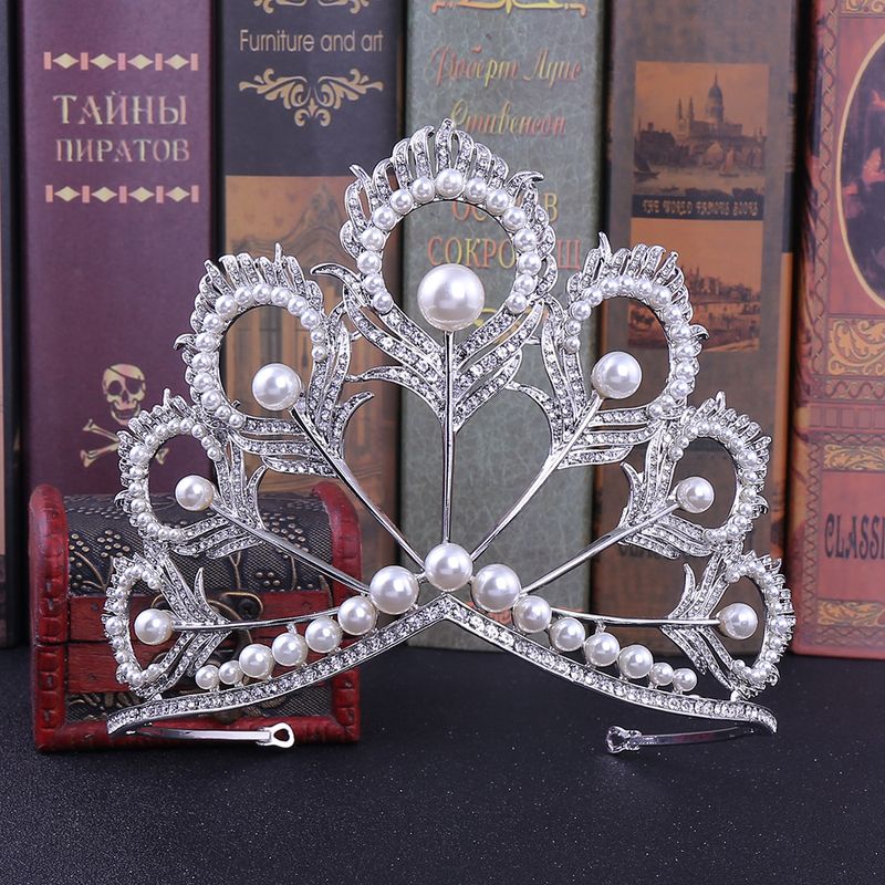 Bridal Hair Accessory WeddingRhinestone Bridal Tiara Peacock Feather Pearl Large Tiara Wedding Dress Accessories Tiara_voghion.com