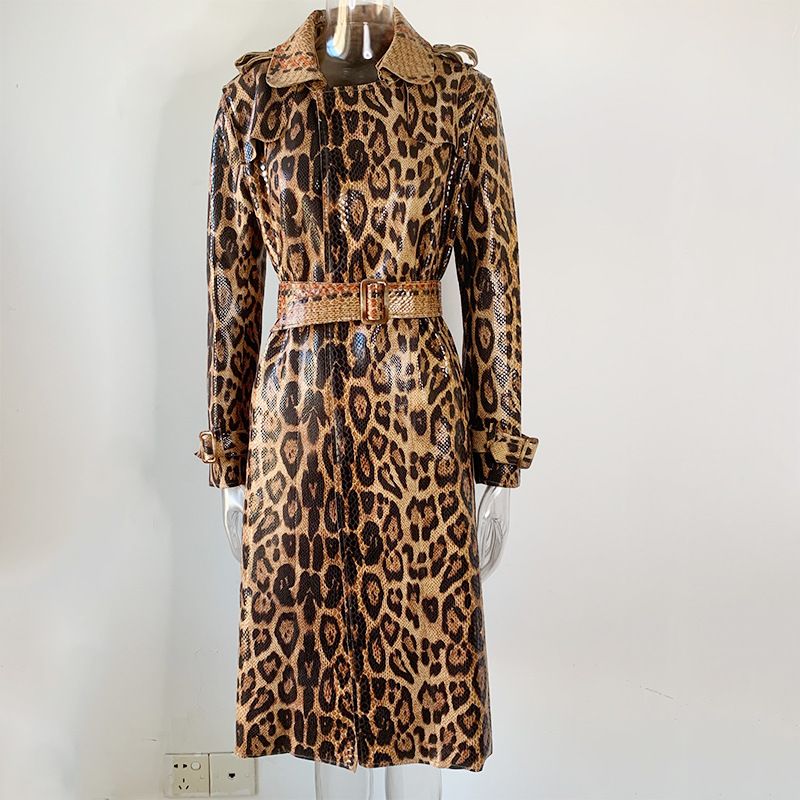 Damenbekleidung Frühling und Herbst lose Lederkorn Temperament Pendler braun lange Windjacke Strickjacke Mantel Schnürung atmosphärisch_voghion.com