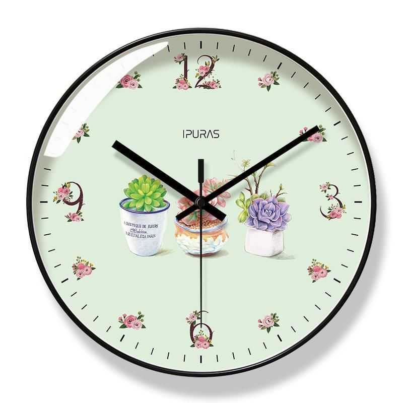 Yipula 8238 Fresh Green Plant Living Room Wall Hanging Pastoral Silent Sweep Second Quartz Clock_voghion.com