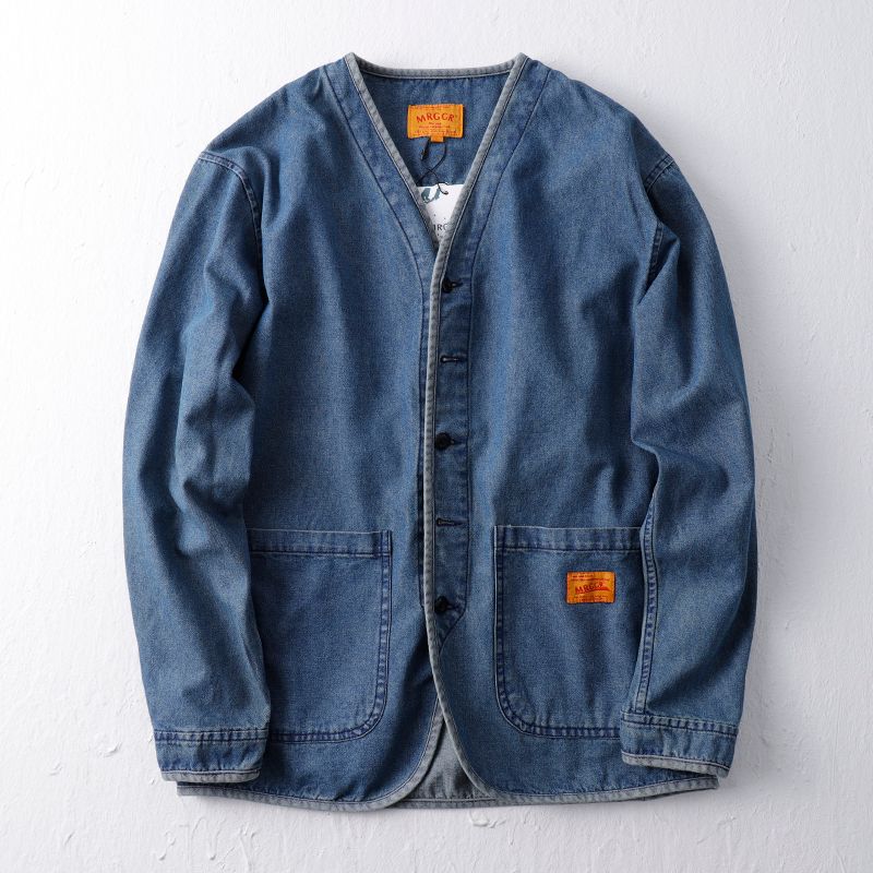 ​Vintage Washed Denim Jacket Men's Casual Oversized Open Front Coat With Patch Pockets​_voghion.com