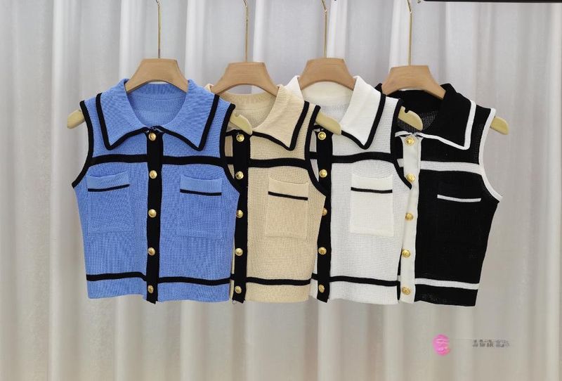 Women's Clothing Temperament Round Neck Contrast Color Single Breasted Tweed Vest Coat Casual Jacket Tops_voghion.com