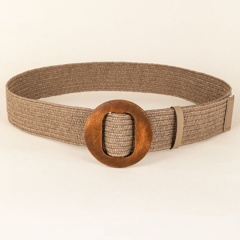Geflochtene Gürtel für Damen, Frühling und Sommer, neue runde Holzschnalle, geflochtener elastischer Gürtel aus PP-Stroh, vielseitig verwendbar für Kleider und Jeans_voghion.com