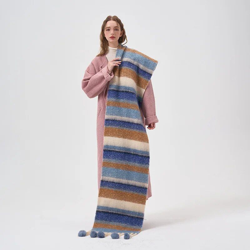 Colorful Striped With ball Neckband Winter Warm Thickened Rainbow Kawaii Mohair Cashmere Scarf Lovers Accessories_voghion.com