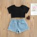 Mother&Kids Fashion kids girls summer clothing Bow solid color short sleeve T-shirt + denim shorts set_voghion.com