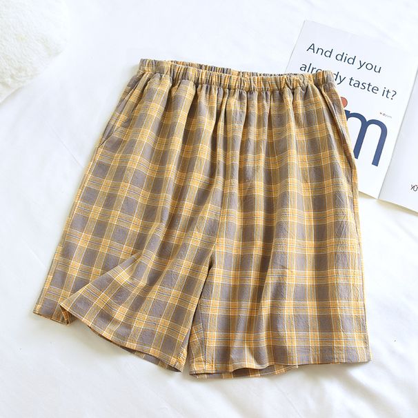 "Japanese Plaid" Herren-Pyjamahose-Shorts | Frühling, Sommer und Herbst, dünne reine Baumwolle, lockere Fünf-Punkt-Haushose, bequem und atmungsaktiv_voghion.com