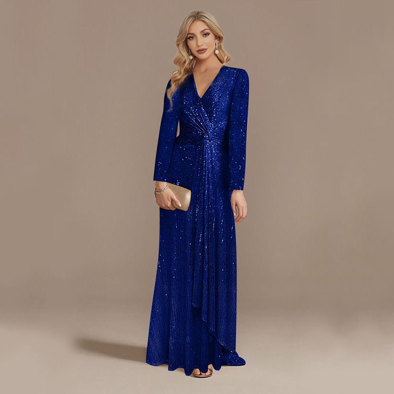 Damenbekleidung Abendkleid Pailletten Neu Mehrfarbig Optional Heißer Verkauf Langärmeliges V-Ausschnitt Fischschwanz Bankettkleid_voghion.com