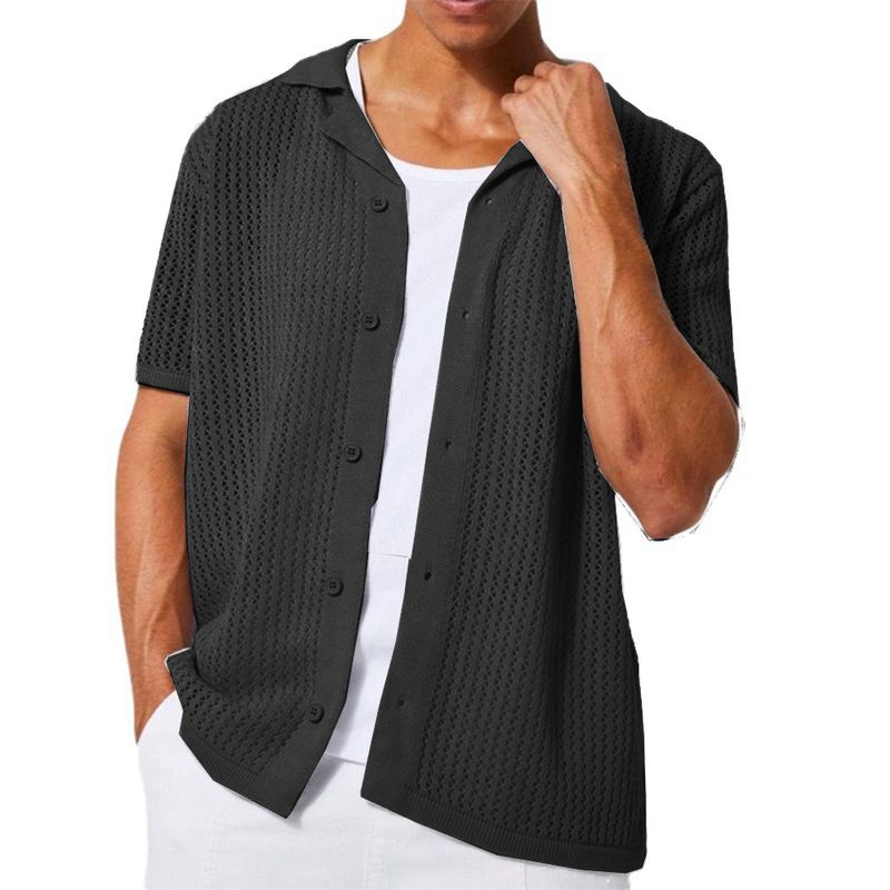 Männerkleeder Männer Casual Strickjacket Summer Cool Hohl Kuerzärmlech Männerhemd Einfarweg Männertops_voghion.com