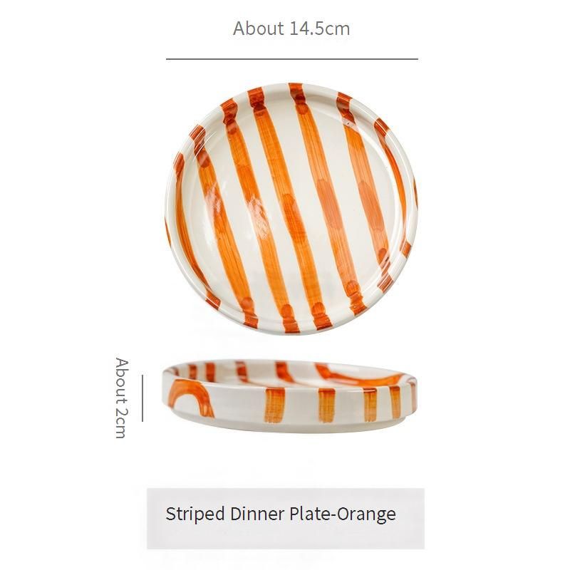 Farfurie ceramică pictată manual - Farfurie de desert în stil coreean cu dungi, de 23 cm, cu margine ridicată, pentru prezentarea mâncării (Set de 4)_voghion.com