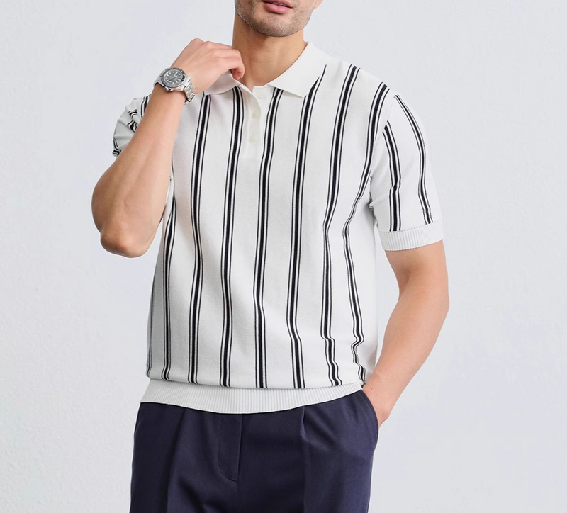 Men's Clothing Italian Casual All Match Contrast Color Striped Short Sleeved Polo Shirt Ice Silk Knitted Retro Old Money Style Lapel T Shirt For Men_voghion.com