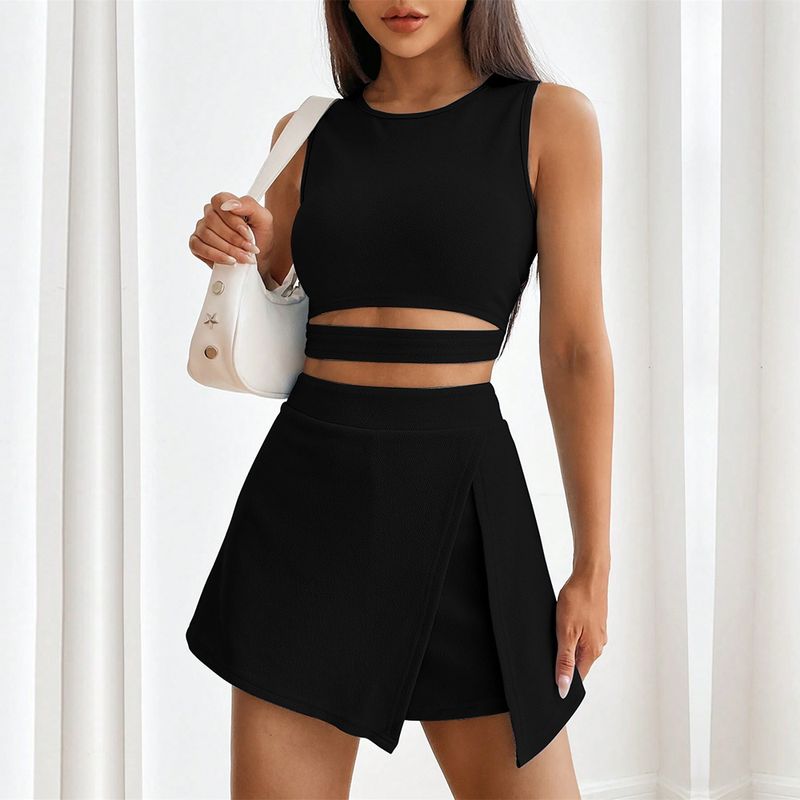 New Cropped Slim Fit Sleeveless Knit Tank Top With High Waist Stretch Skirt Fashion Set_voghion.com