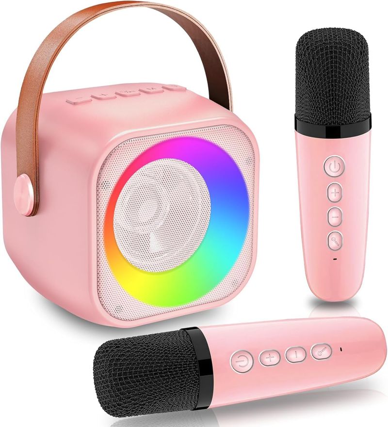 Karaoke-maskine til børn og voksne, bærbar Bluetooth mini karaoke-mikrofon, sanghøjttaler med 2 trådløse mikrofoner og lys_voghion.com