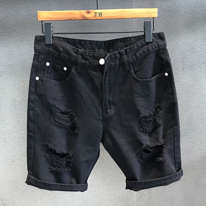 Moška različica oblačil, ulični trend, bele raztrgane jeans kratke hlače, moške priložnostne trende, poletne opraskane hlače s petimi točkami_voghion.com
