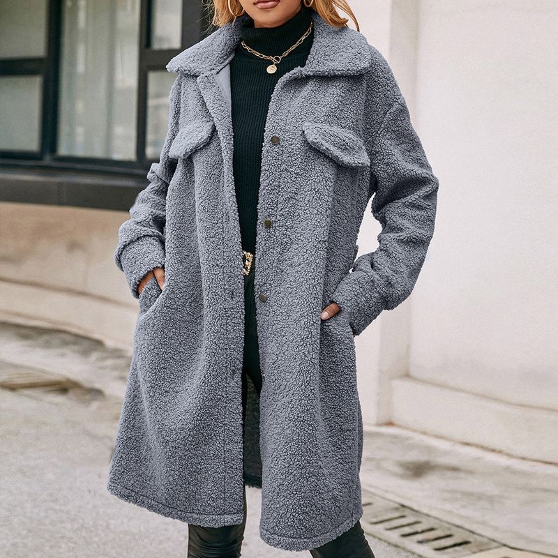 Einreihiger Plüsch-Trenchcoat für Damen mit mittellangem Revers und Gürtel. Langärmliger Wollmantel_voghion.com