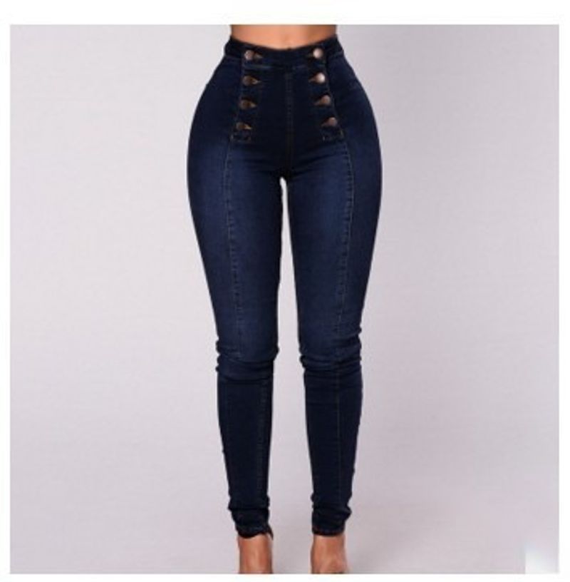 Calças jeans casuais de cintura alta feminina na moda de duas fileiras multi-botão magro estiramento feminino_voghion.com