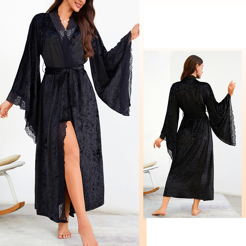 Women's clothing long bathrobe sexy lace light luxury long-sleeved velvet nightgown bathrobe home clothes_voghion.com