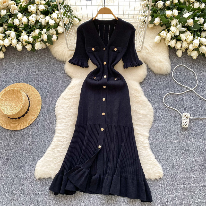 Rochie lungă tricotată de înaltă calitate pentru femei, vară, cu volane, design cu un singur rând de nasturi, temperament, ușoară, de lux_voghion.com