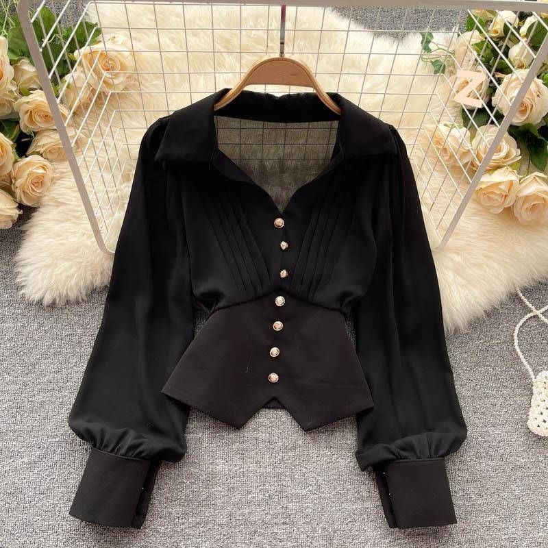 Women's Clothing Design Niche Ruffled Collar Long Sleeved Shirt Women's Temperament Irregular Hem Puff Sleeve Top_voghion.com