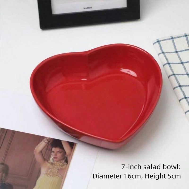 Romantic Heart-Shaped Porcelain Salad Bowl - 22cm Red Valentines Serving Dish | Instagrammable Food Presentation | Unique Gift For Her_voghion.com