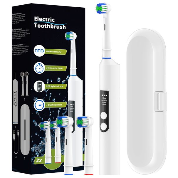 Smart Electric Toothbrush With 2 Brush Heads - 4 Modes And 2 Min Timer Rechargeable Powered Electric Toothbrushes, Compatible With Oral B Brush Head_voghion.com