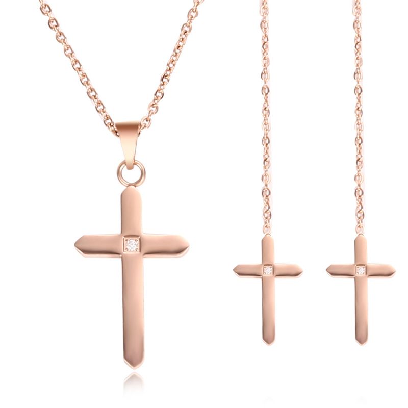 Collana con clavicola in acciaio inossidabile con croce personalizzata, set di orecchini con nappa, gioielli semplici in acciaio al titanio e moda per donna_voghion.com