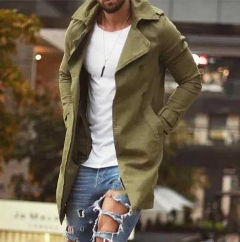 Trencze kurtka męska 2023 letni Casual solidna wiatrówka średniej długości moda z długim rękawem skręcić w dół kołnierz męski Slim_voghion.com