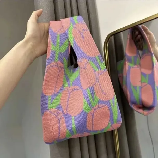 1 stk Fi strikket håndled tekst casual ral print Fem genanvendelig indkøbspose vævet håndtaske Y241106_voghion.com