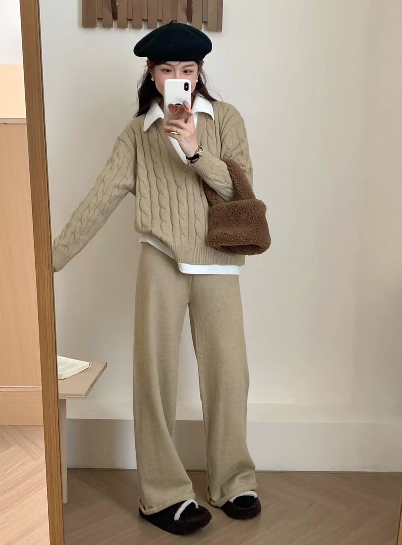 Damenbekleidung Zweiteiliger Pullover mit halbem Reißverschluss, Oberteil mit weitem Bein, zweiteiliger lässiger Pulloveranzug_voghion.com