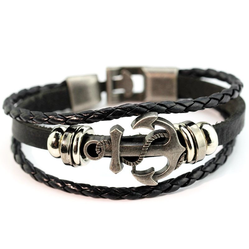 Bracciale da uomo in corda intrecciata multistrato, fatto a mano, con ancora alla moda in pelle_voghion.com