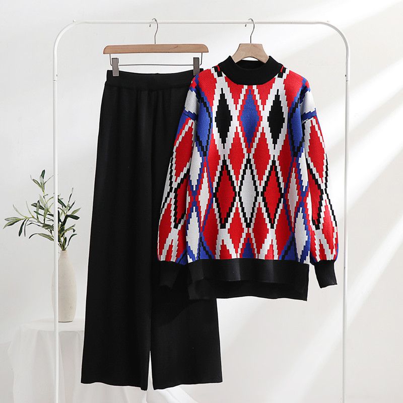 Dámské oblečení, abstraktní žakárové volné zeštíhlující sportovní móda, ležérní pletený vlněný oblek, dvoudílná sada pro ženy_voghion.com