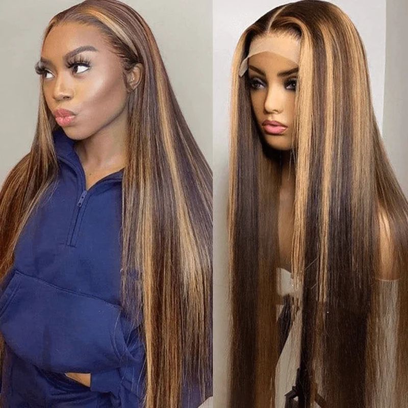 Highlight Lace Front Wigs Human Hair 4/27 Straight Honey Blonde Ombre Lace Front Wig Human Hair 150% Density Lace Frontal Wigs Pre Plucked Baby Hair_voghion.com