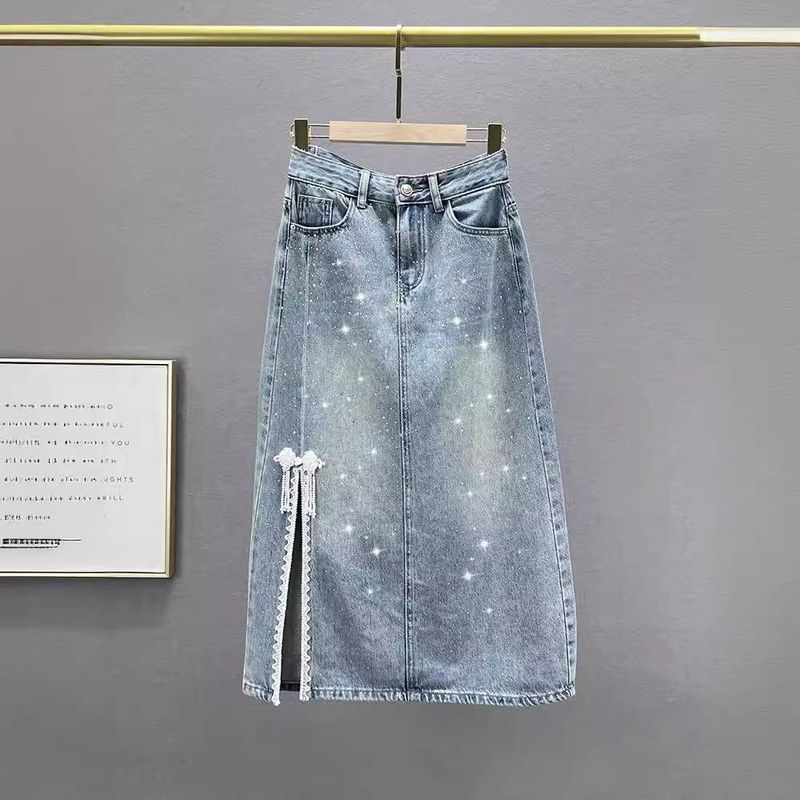 Fustă din denim pentru femei, stil subțire de vară, nasturi cu diamant aprins, fustă despicată la șold_voghion.com