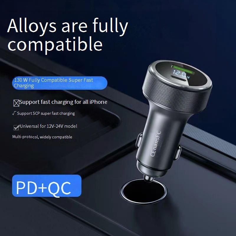 ​​100W Super Fast Car Charger With Digital Display, PD 30W & QC 3.0, Dual USB Ports, Universal Compatibility (Aluminum Alloy, 12-24V)​_voghion.com