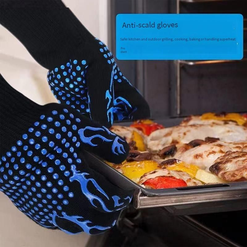 Women's Aramid Fiber BBQ Gloves – 26cm Heat-Resistant Oven Mitts For Grilling & Baking (Non-Slip, Black/Red Stripes)​_voghion.com