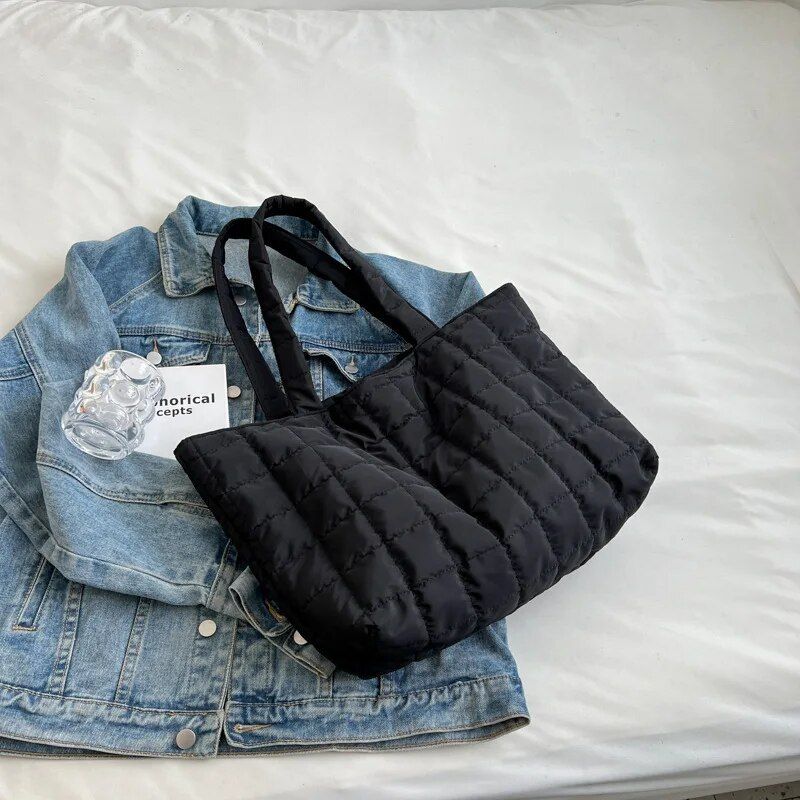 Borsa a tracolla invernale di grande capacità Nuove borse in nylon solido Borse a tracolla casual in cotone per borsa da donna con manico superiore_voghion.com